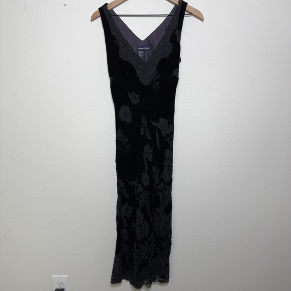 VTG Y2K 90s Women Fairy Grunge Velvet Burnout Silk Evening Dress Midi Lace Trim - Picture 2 of 13
